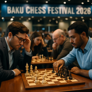 A visually compelling, high-stakes chess match set in a contemporary and elegantly designed tournament