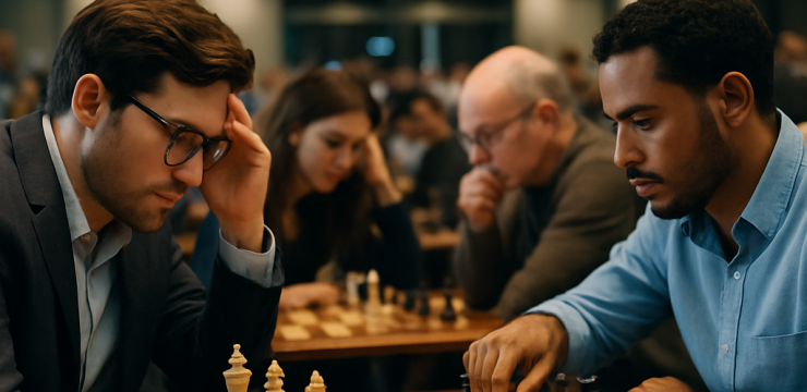 A visually compelling, high-stakes chess match set in a contemporary and elegantly designed tournament