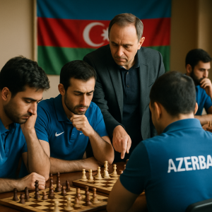 A quiet, dimly lit chess room where the Azerbaijani team deeply concentrates on their