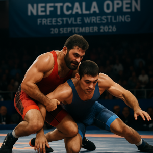 Two wrestlers in the midst of a critical match, captured with intense focus, amid