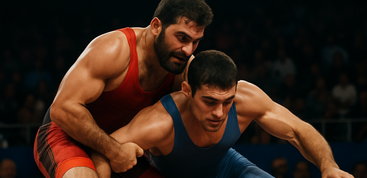 Two wrestlers in the midst of a critical match, captured with intense focus, amid