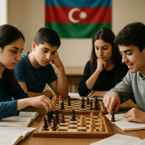 Young Azerbaijani chess talent engaged in a serious game, showcasing determination and strategic thinking