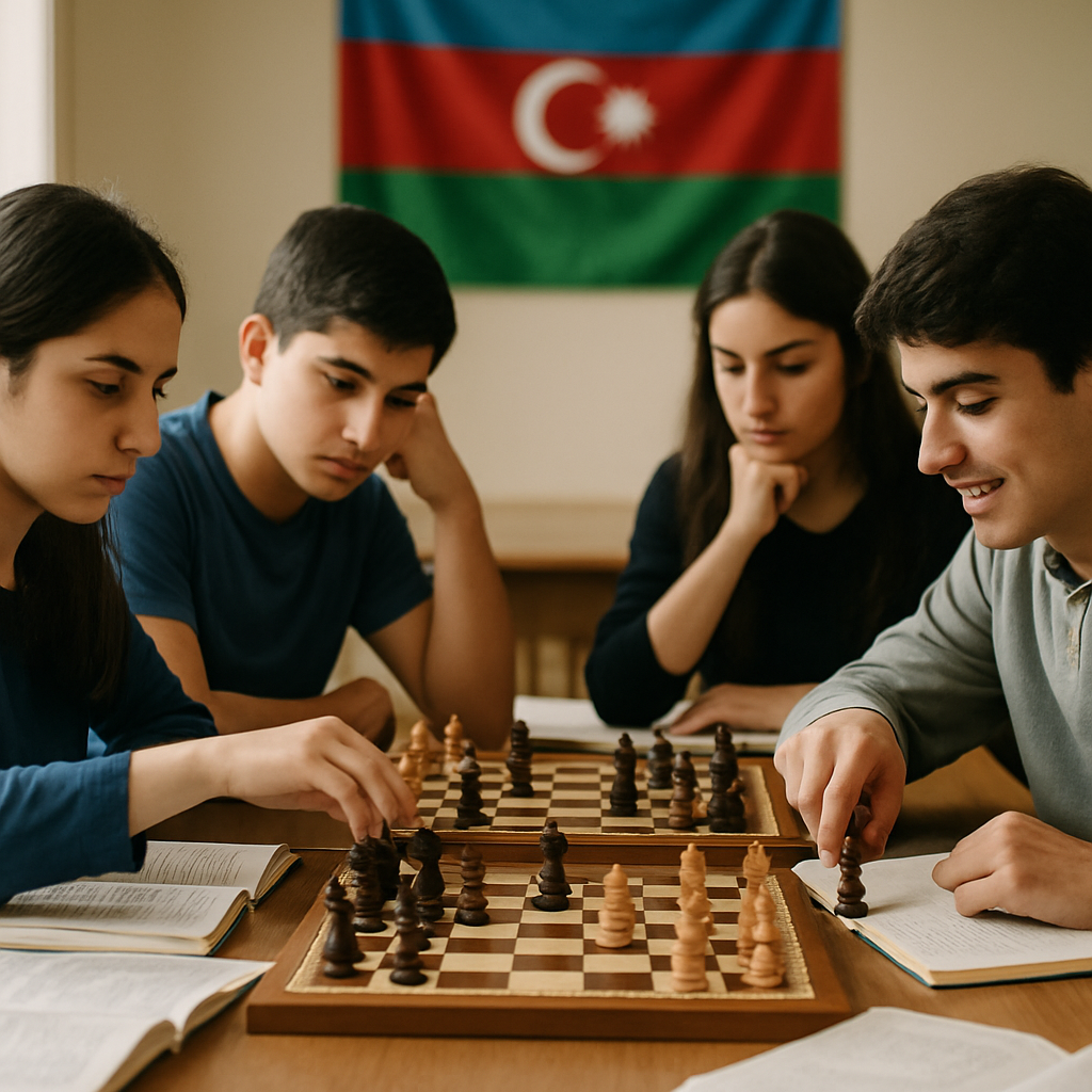 Young Azerbaijani chess talent engaged in a serious game, showcasing determination and strategic thinking