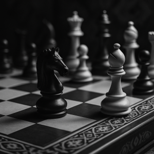 An evocative monochrome image showcasing a chess match with an artistic focus on strategic