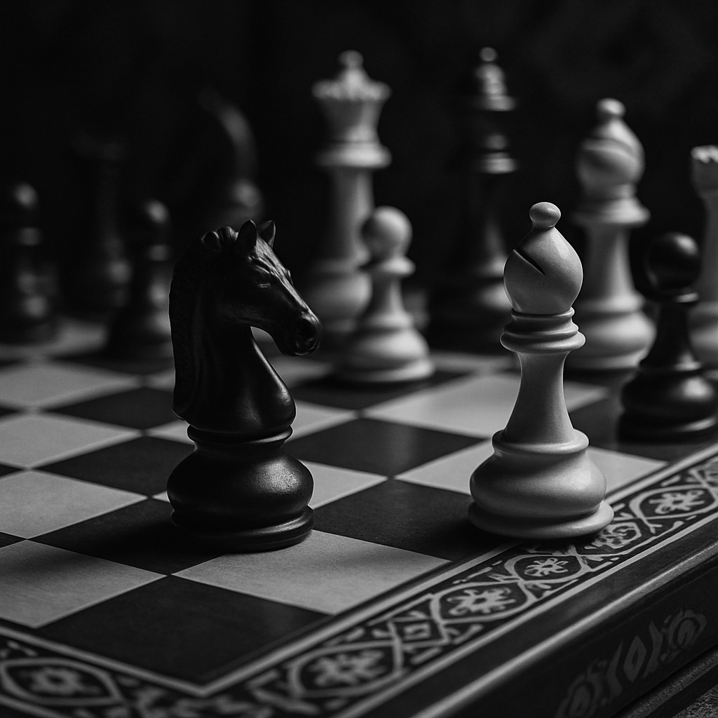 An evocative monochrome image showcasing a chess match with an artistic focus on strategic