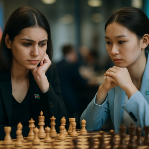 Azerbaijani and Kazakh women chess players study a position across a tournament chessboard.