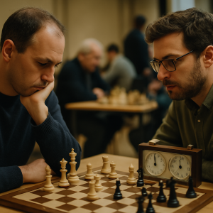 Two players concentrate over a chessboard at a local rapid tournament, with a chess