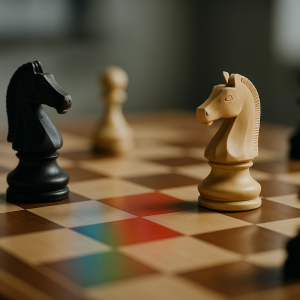 A chess knight in focus on a mid-game board, with a subtle reflection in