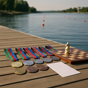 Seven rowing medals beside a chessboard and blank score sheet at a regatta, illustrating