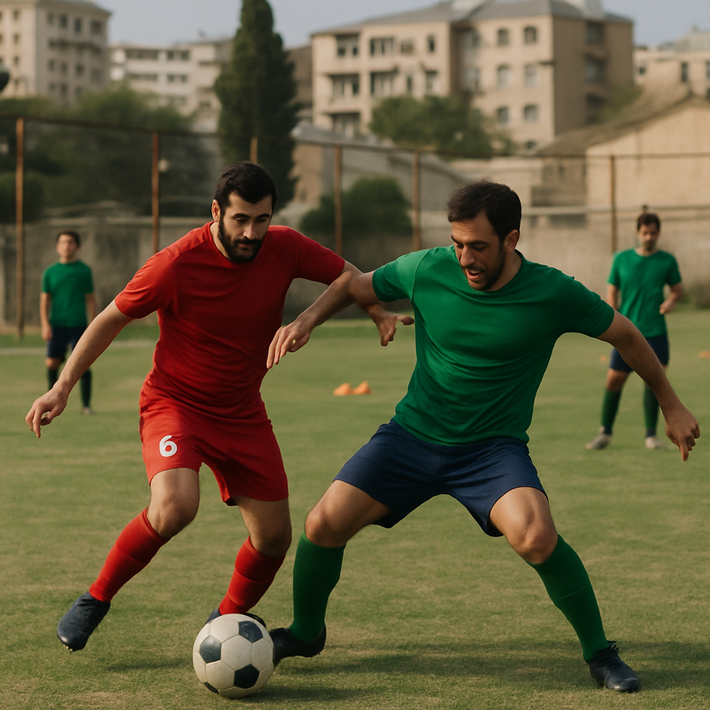 Two Baku club football teams compete for the ball on a local pitch, capturing