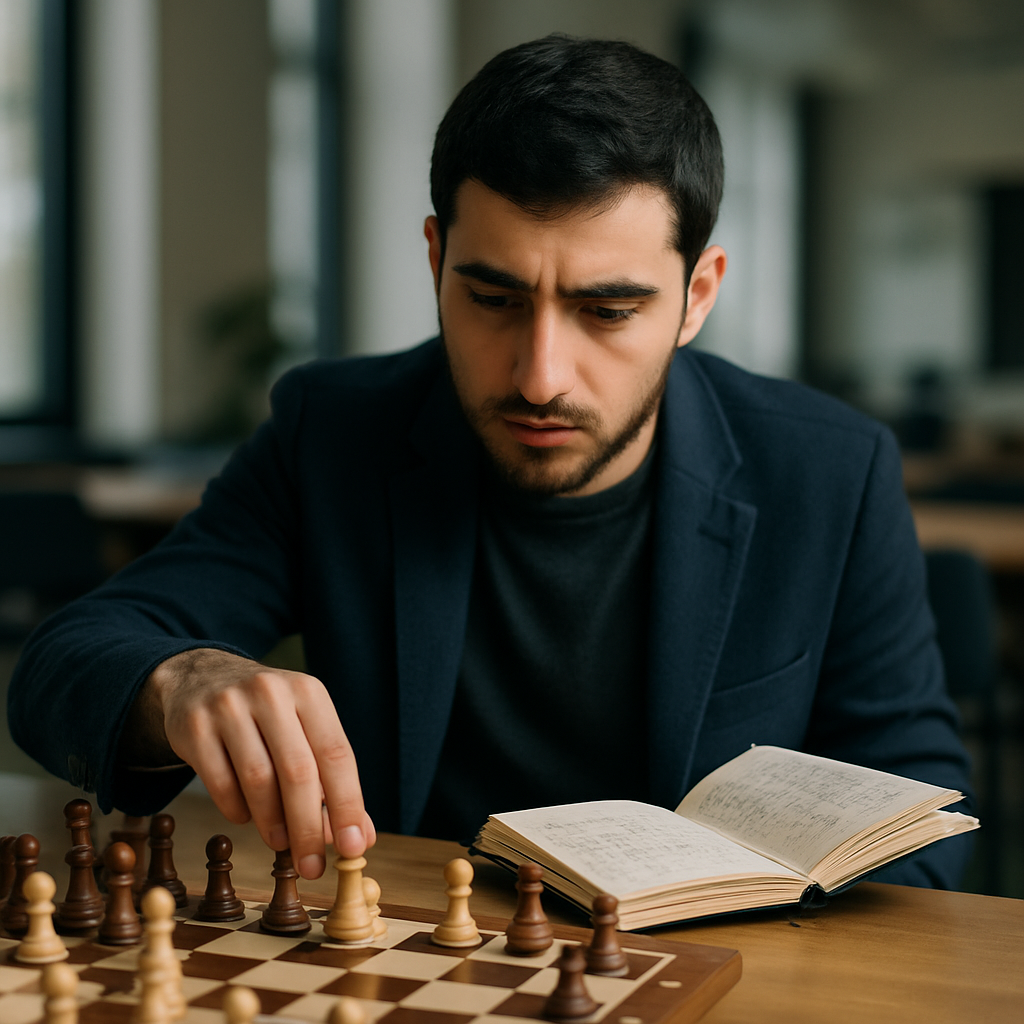 An Azerbaijani chess player studies a new opening idea at a tournament board.