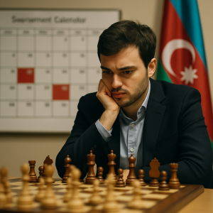 A chess player studies a position beside a calendar of upcoming Azerbaijani tournaments.