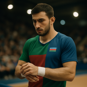 A focused Azerbaijani athlete steadies their breathing before a decisive tournament moment.