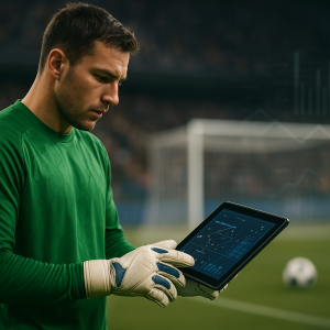 A goalkeeper reviews match statistics on a tablet beside the pitch, with the goal