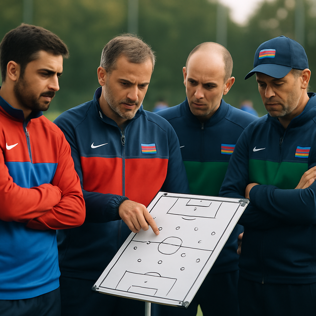 Azerbaijan national-team coaches discuss a formation beside the training pitch as players practice in
